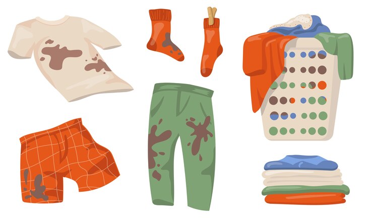 Illustration of dirty clothes, including stained shirts, pants, socks, and a laundry basket, symbolizing stain removal and laundry care.