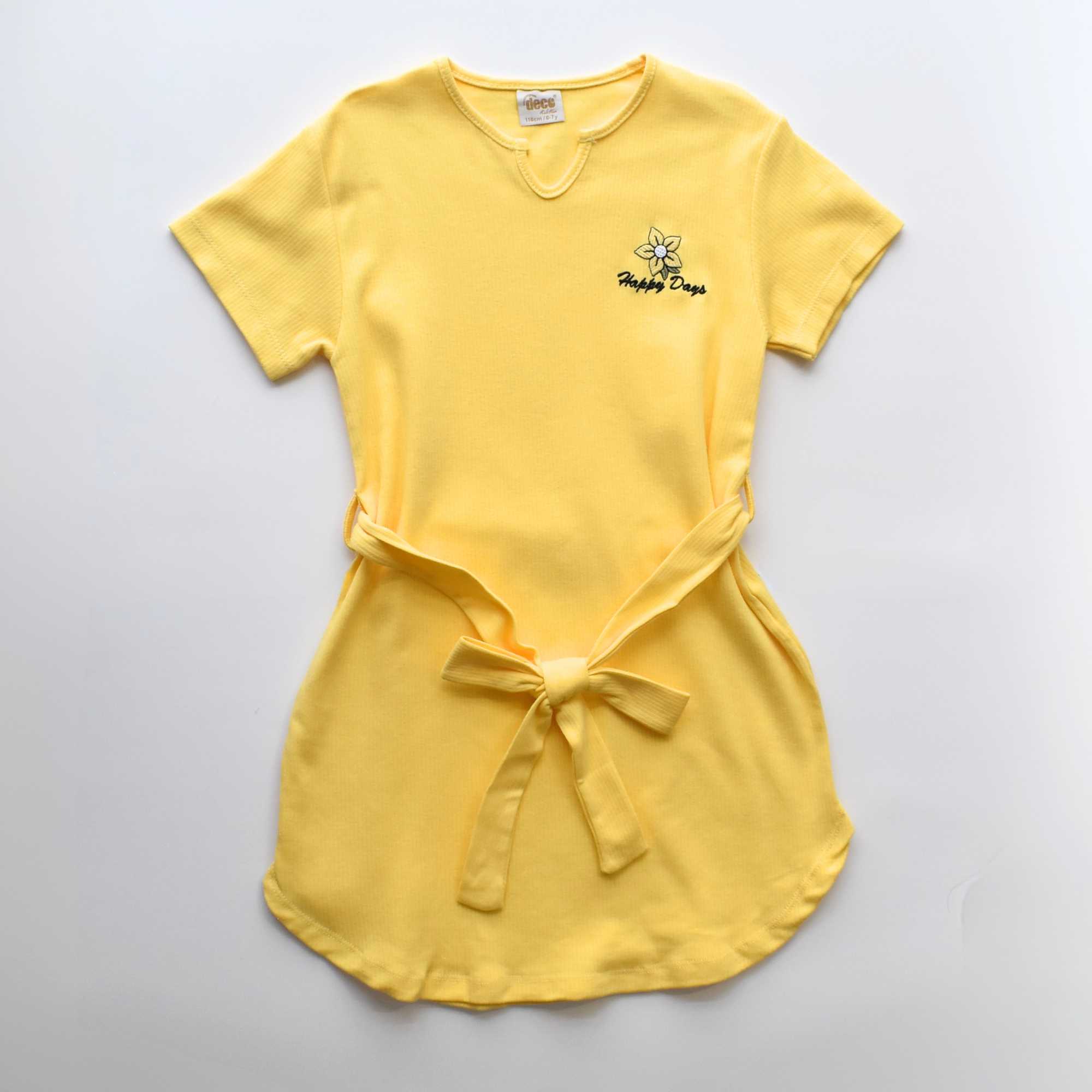 Yellow short sleeve dress with waist tie and 'Happy Days' floral embroidery