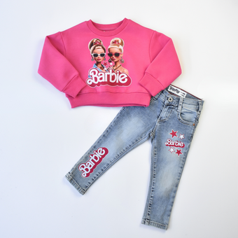 Girls’ Barbie outfit set with pink sweatshirt featuring Barbie graphic and light blue denim jeans decorated with Barbie logo and star prints.