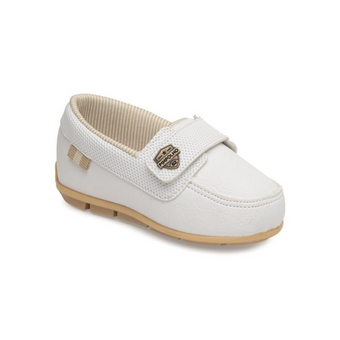 White toddler loafer with beige sole, textured strap detail, and small metallic logo accent, designed for comfort and casual dress wear.