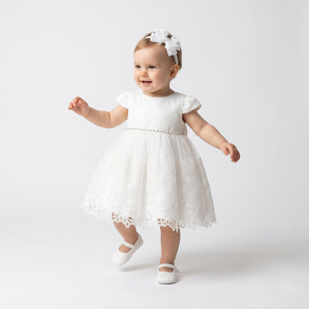 Baby in a white dress with lace details on a plain background