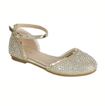 Girls’ gold dress shoe with ankle strap, scalloped trim, and sparkling rhinestone embellishments, perfect for weddings or special occasions.