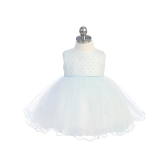 Light blue sleeveless toddler dress on a mannequin, featuring a beaded bodice and a full tulle skirt.