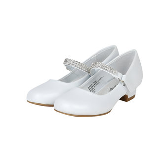 Pair of white girls dress shoes with rhinestone strap