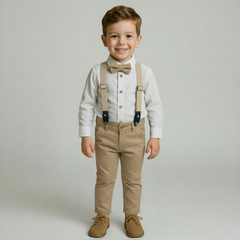 Young boy wearing a formal outfit with suspenders and a bow tie on a plain background