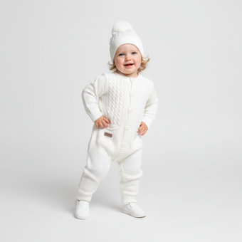 Toddler wearing a white knit onesie, matching pom-pom hat, and white shoes, standing and smiling.