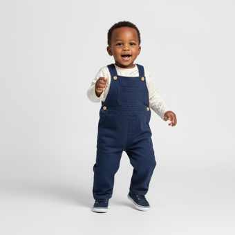 Smiling baby in navy blue overalls, cream long-sleeve shirt, and matching navy sneakers standing against a light background.