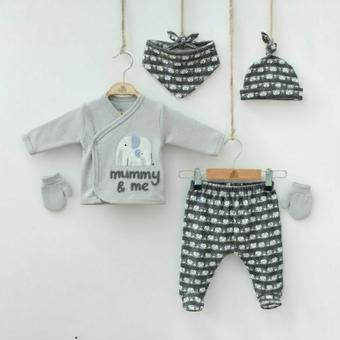 Grey baby outfit set with elephant-print top, matching pants, hat, bib, and mittens arranged on hangers.