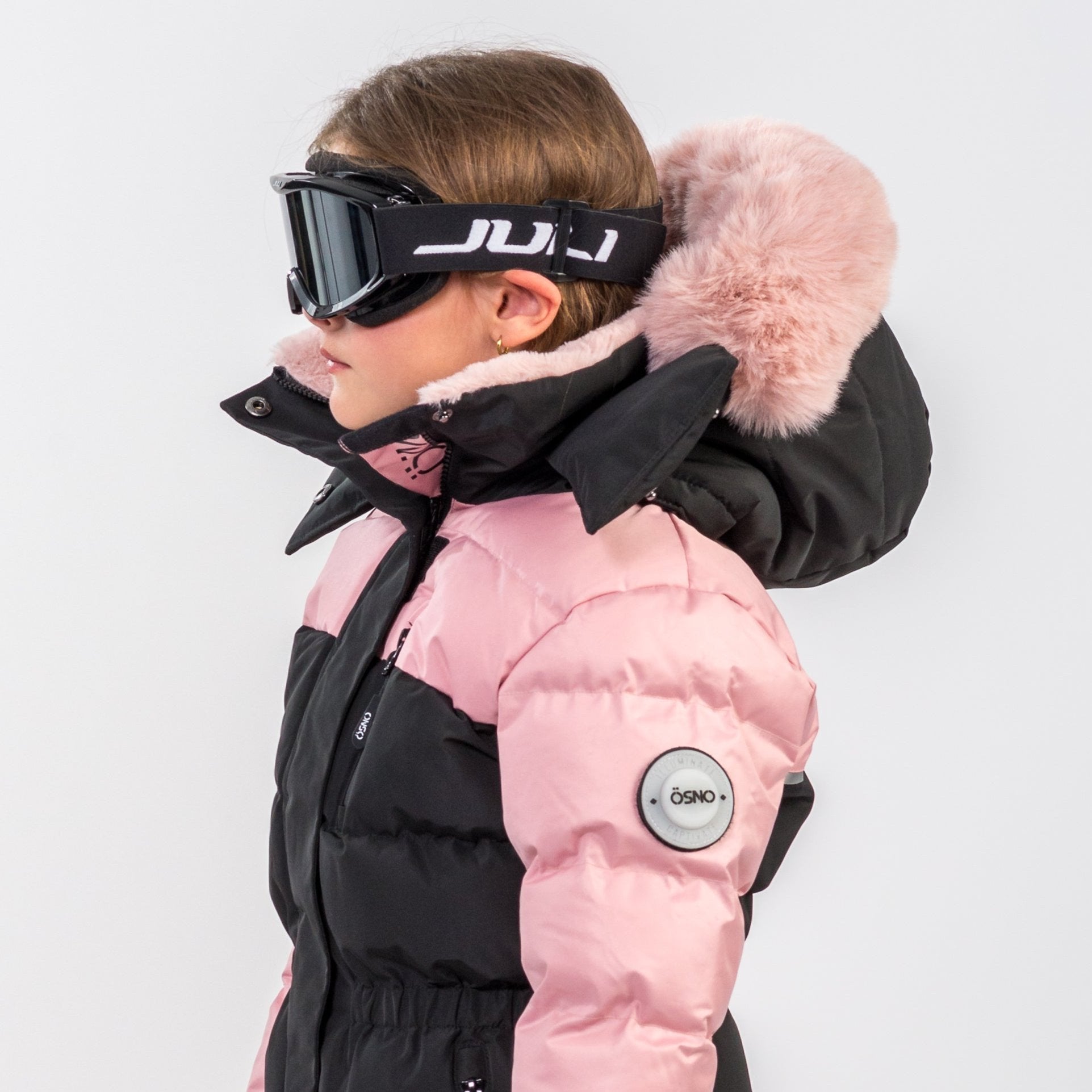 Angel's Luxury pink girls snowsuit complete with plush blush fur accents by Junior Kids