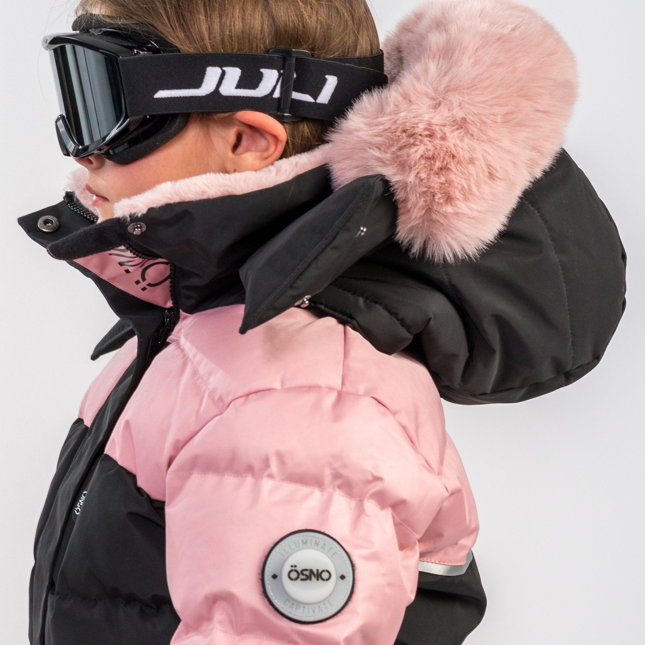 Angel's Luxury pink girls snowsuit complete with plush blush fur accents by Junior Kids