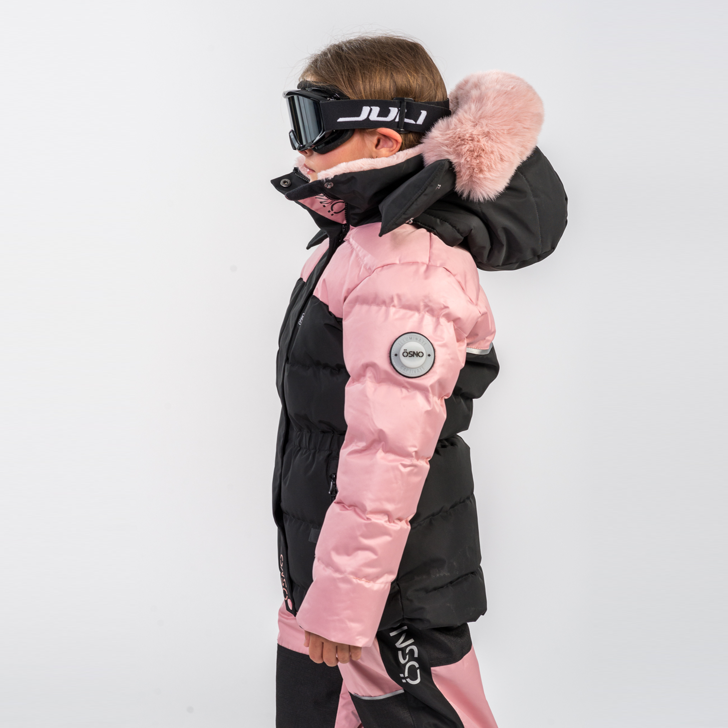 Angel's Luxury pink girls snowsuit complete with plush blush fur accents by Junior Kids