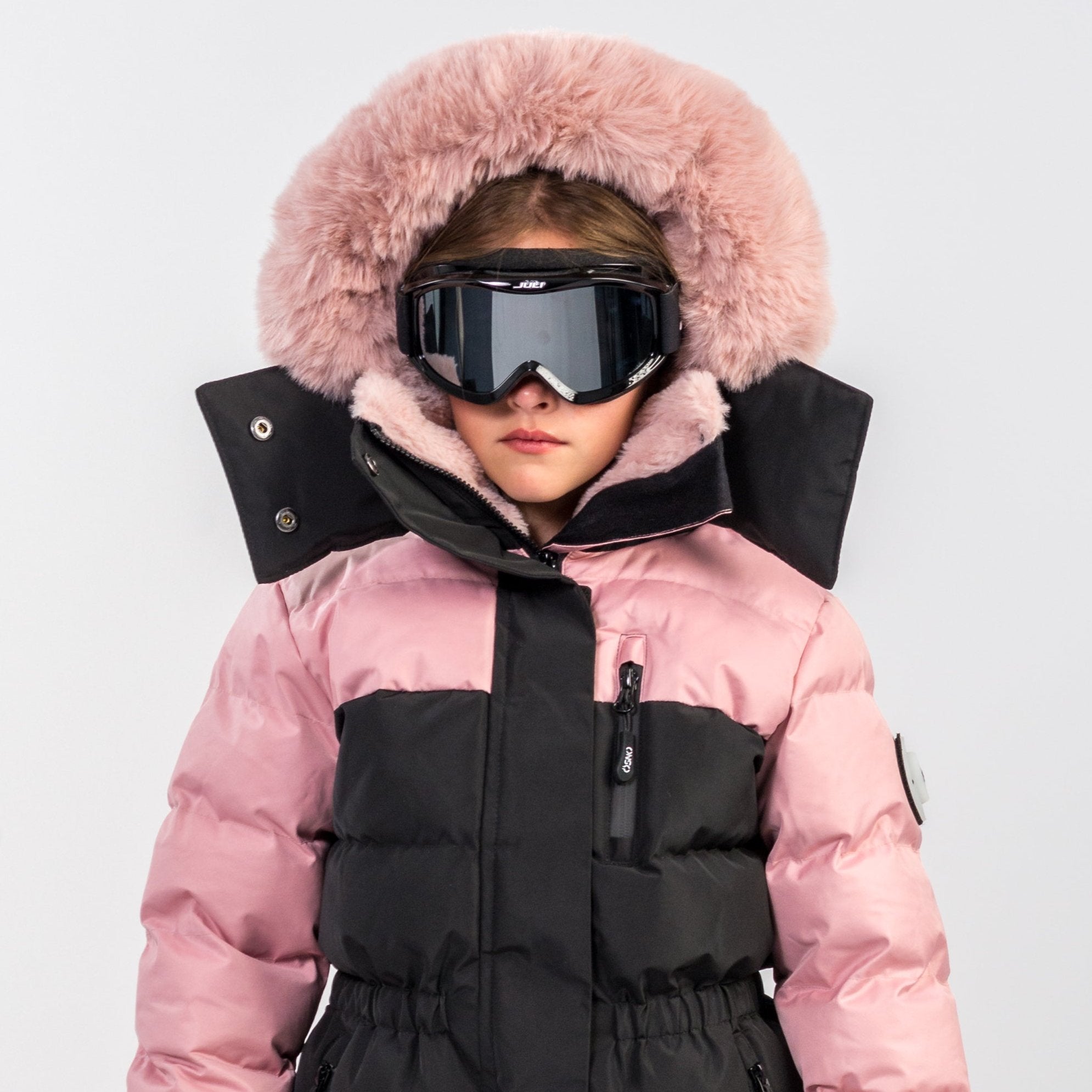 Angel's Luxury pink girls snowsuit complete with plush blush fur accents by Junior Kids