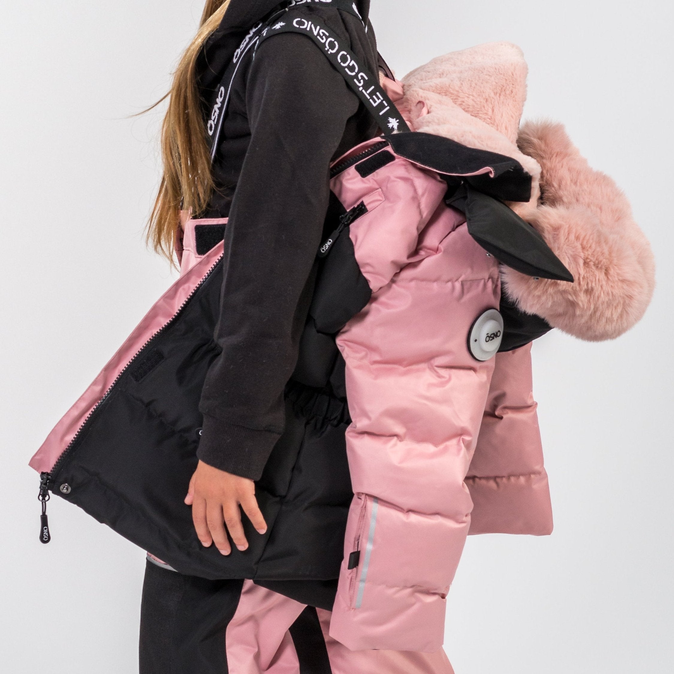 Angel's Luxury pink girls snowsuit complete with plush blush fur accents by Junior Kids
