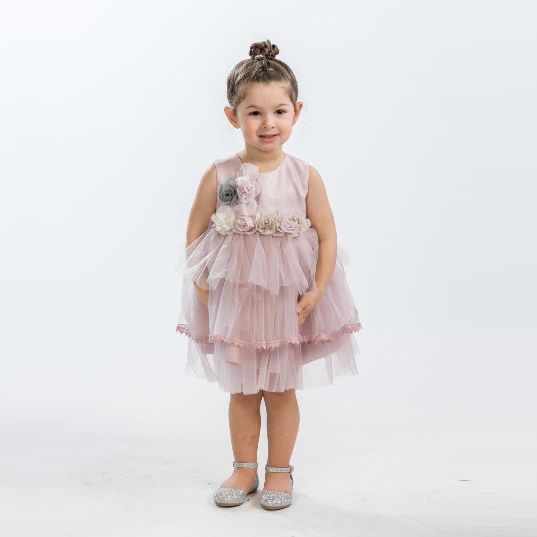 Smiling toddler girl in a sleeveless dusty pink dress with layered tulle skirt & floral appliqués across the bodice, paired with sparkly silver shoes.