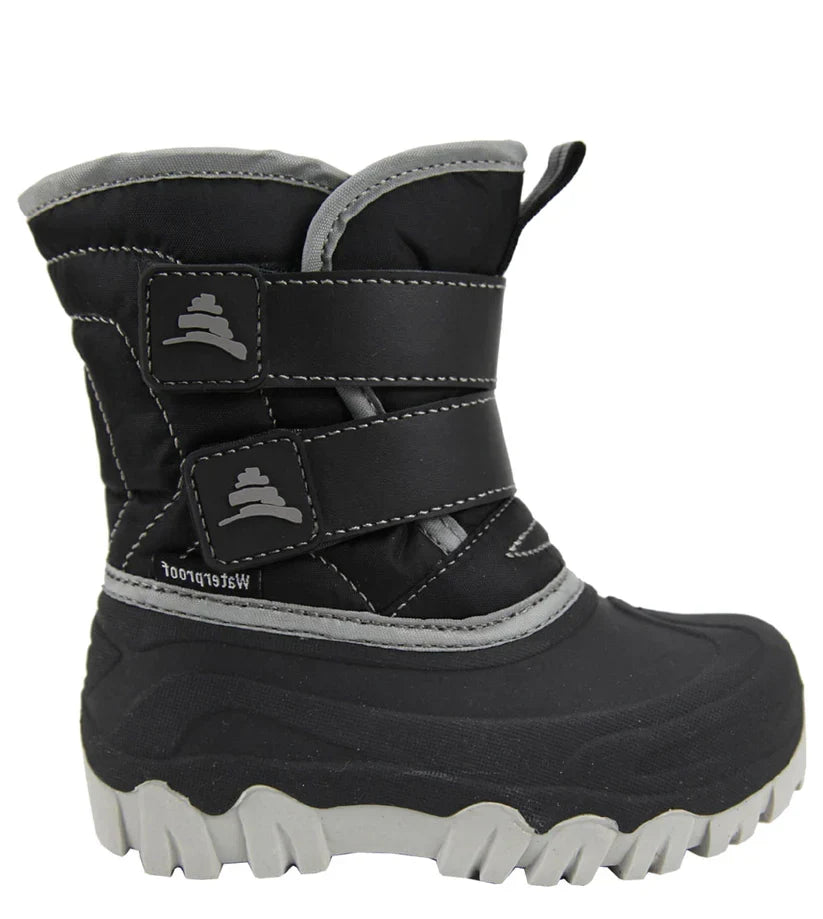 Side view of Comfort Kids Winter Boots in black, showing the waterproof outer shell and sole tread, sold at JuniorKids today.