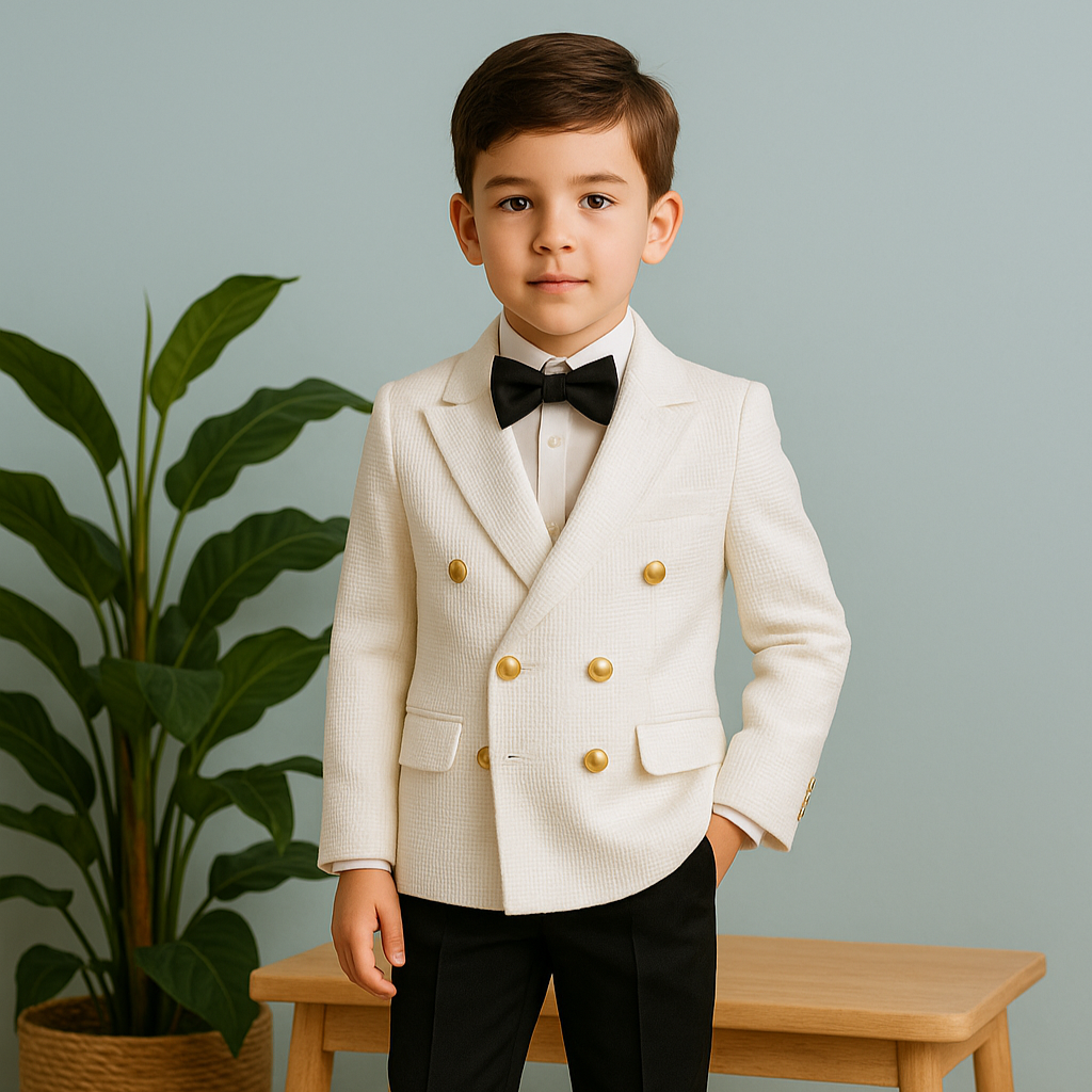 Young boy wearing a white double-breasted blazer with gold buttons, black bow tie and black trousers, standing indoors beside a plant in a formal outfit.