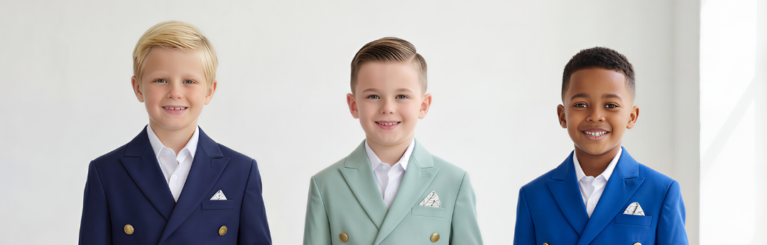Three boys wearing 3-piece formal suits in navy, blue, and green, showing boys’ suit sizes in Canada at JuniorKids