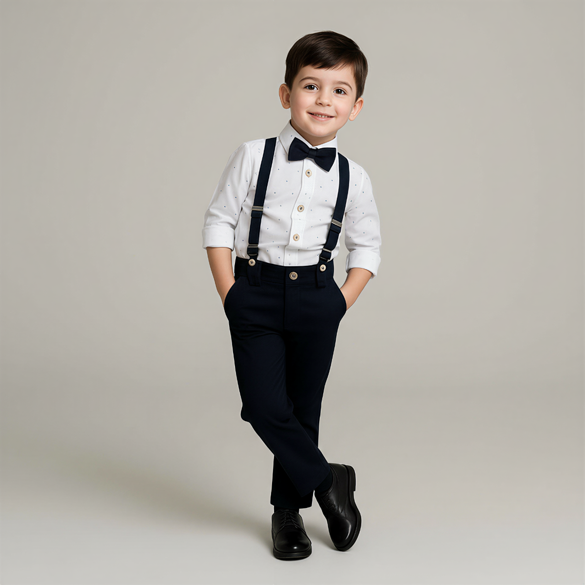 Young boy in formal attire with suspenders and a bow tie on a plain background