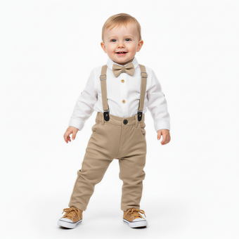 Child wearing a white shirt, beige bow tie, suspenders, and pants on a white background