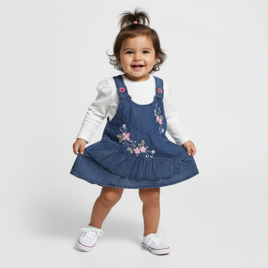 Smiling toddler girl wearing a denim pinafore dress with floral embroidery, white long-sleeve shirt and white sneakers.