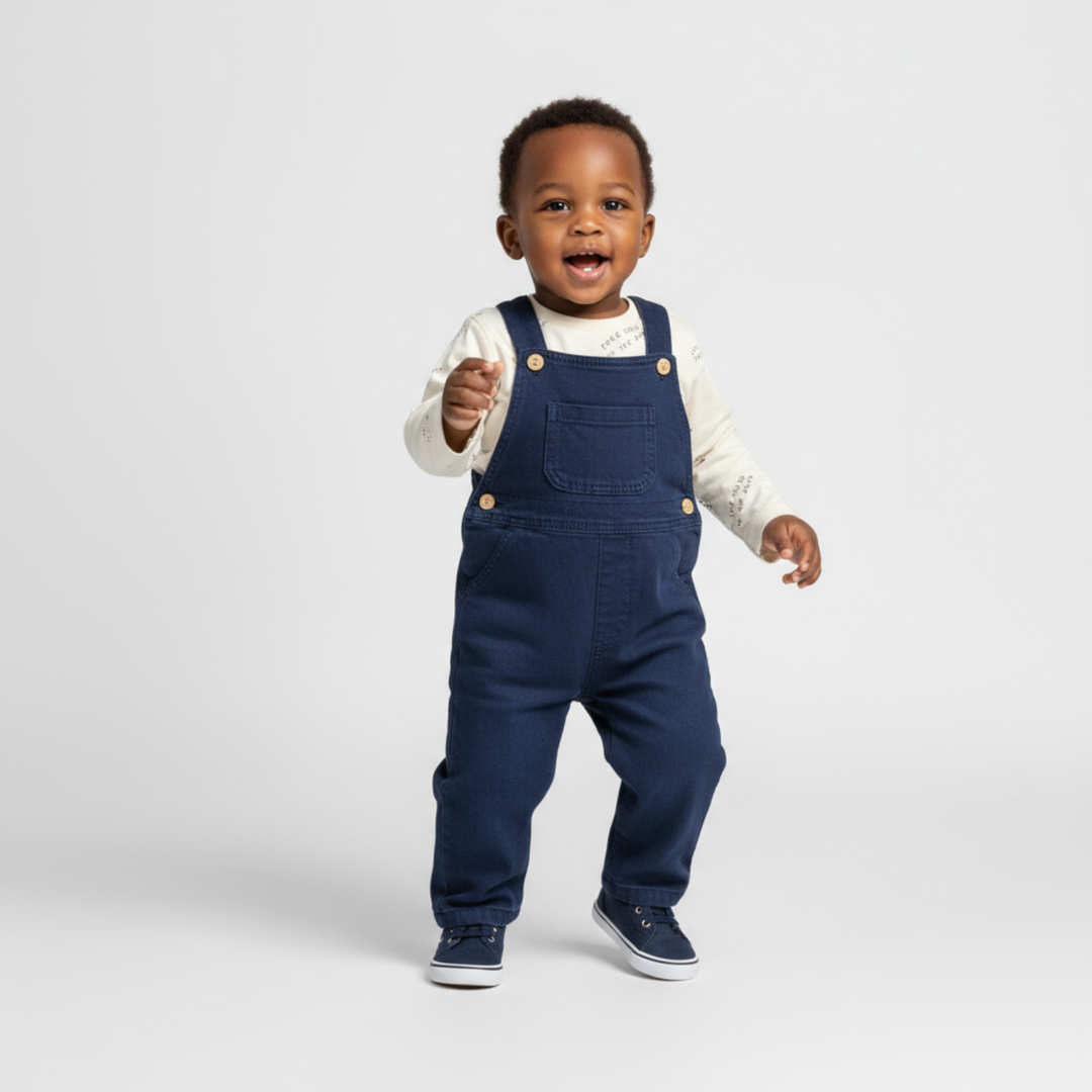 Smiling baby in navy blue overalls, cream long-sleeve shirt, and matching navy sneakers standing against a light background.