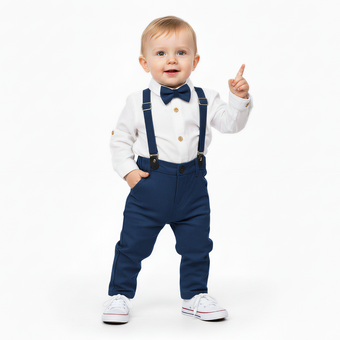 Child wearing a white shirt, navy suspenders, and bow tie on a white background
