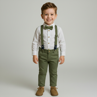 Young boy wearing a beige shirt, green suspenders, and pants on a plain background